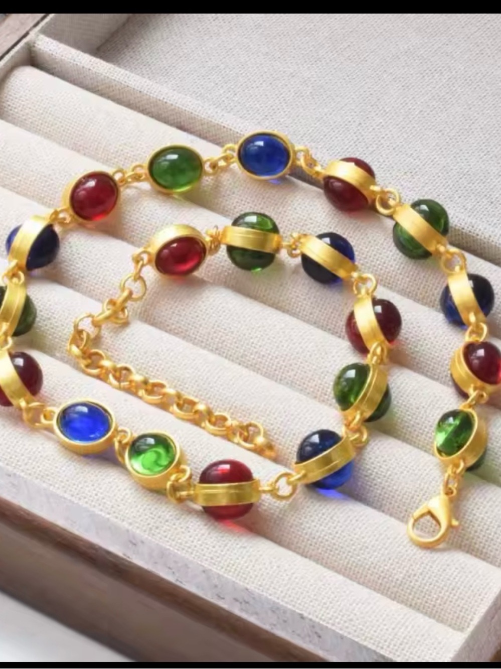 Gold-Tone Multicolor Glass Cabochon Necklace in Blue, Green & Red